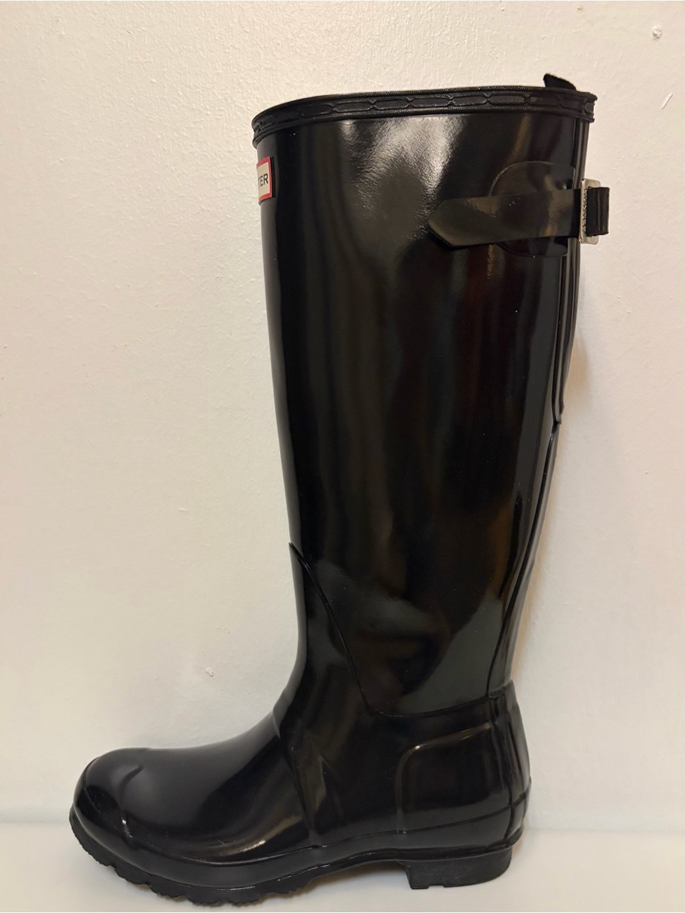 Hunter Wide-Calf Adjustable Black Gloss Tall Rubber Rain Boots Women's Size 7